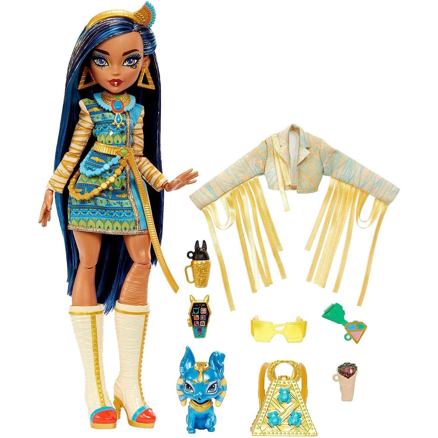 Mattel Monster High Cleo De Nile Fashion Doll with Blue Streaked Hair, Signature Look, Accessories & Pet Dog - BumbleToys - 5-7 Years, Dolls, Fashion Dolls & Accessories, Girls, OXE, Pre-Order