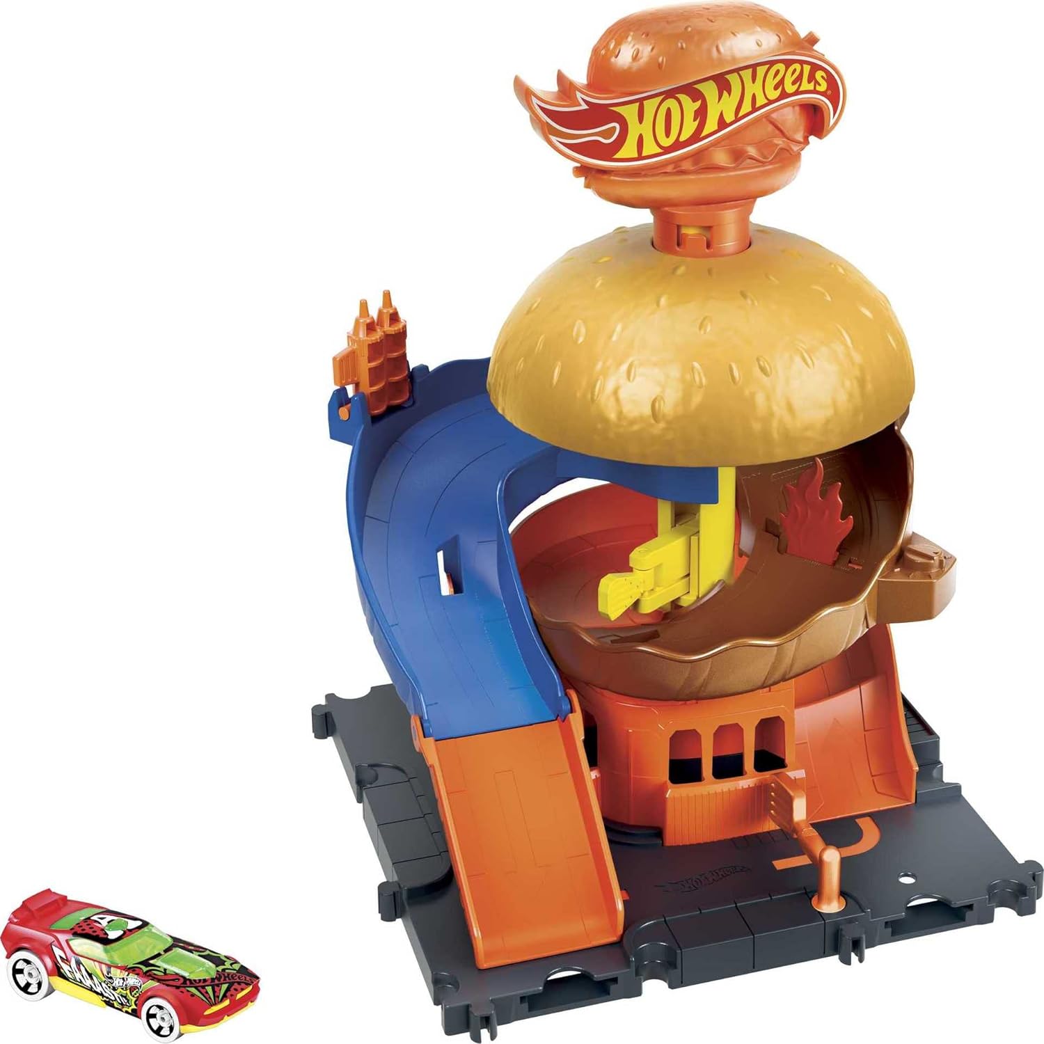 Hot Wheels Toy Car Track Set City Burger Drive-Thru Playset & 1:64 Scale Car, Connects to Other Sets & Tracks