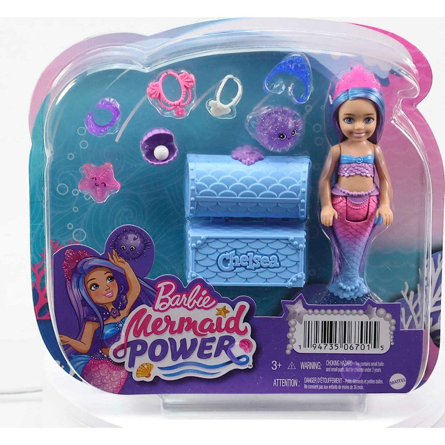 Barbie Mermaid Power Doll & Accessories, Chelsea Small Doll with Blue & Purple Hair, 2 Ocean Pets & Treasure Chest - BumbleToys - 5-7 Years, Barbie, Fashion Dolls & Accessories, Girls, Mermaid, Pre-Order