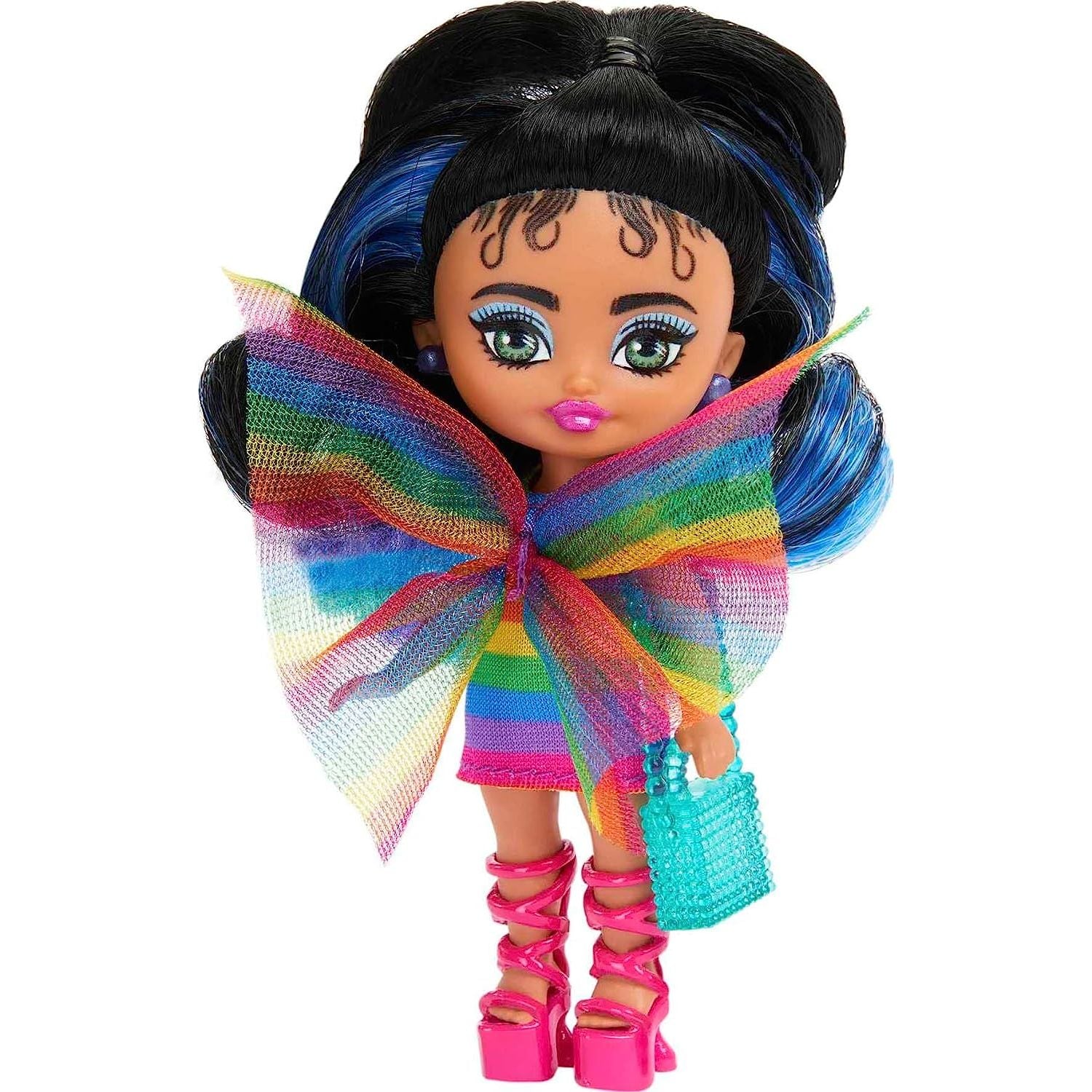 Barbie Doll, Barbie Extra Mini Minis Doll with Rainbow Dress, Black Ponytail with Blue Streaks, Clothes and Accessories