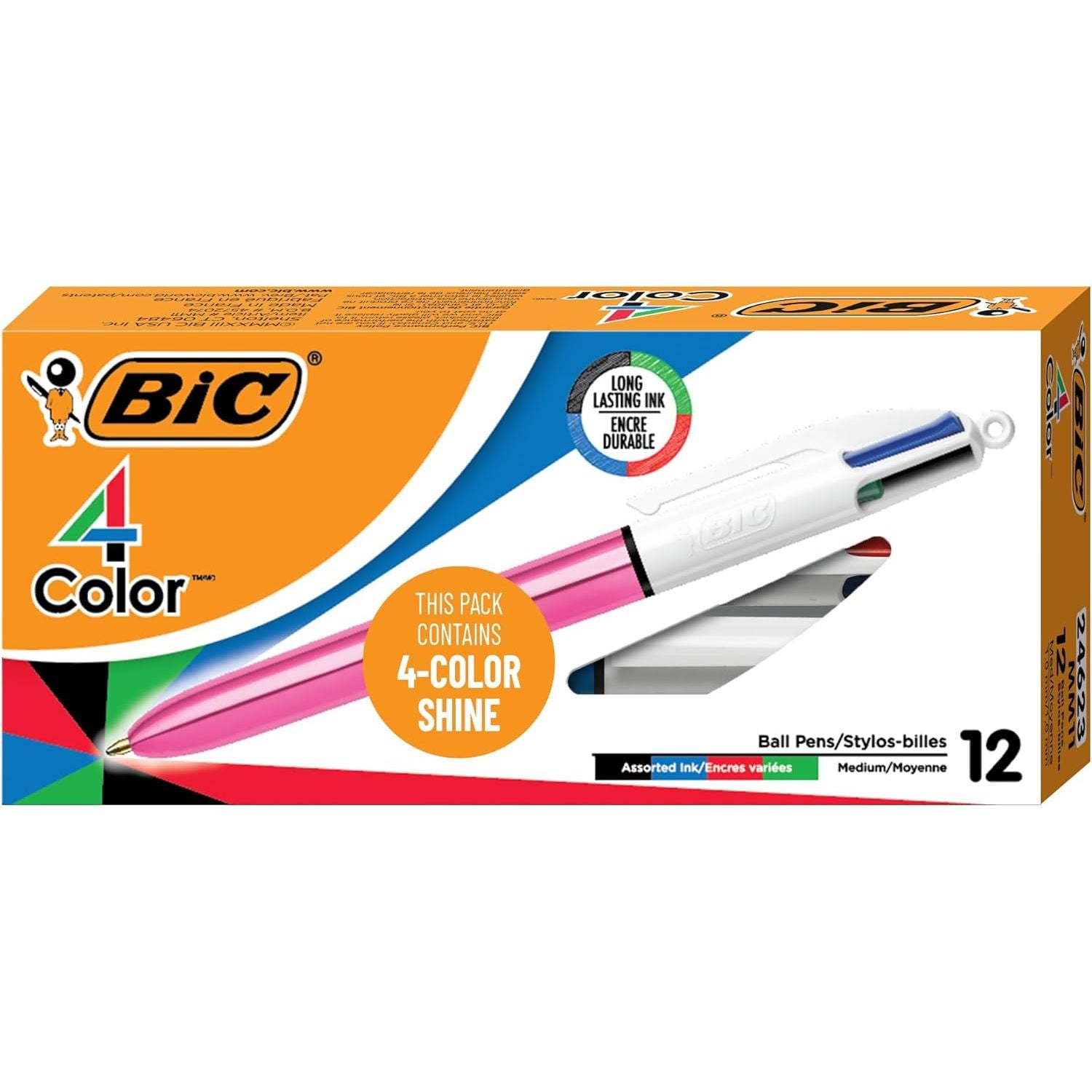 BIC 4-Color Shine Retractable Ball Pens, Medium Point (1.0mm), 12-Count Pack