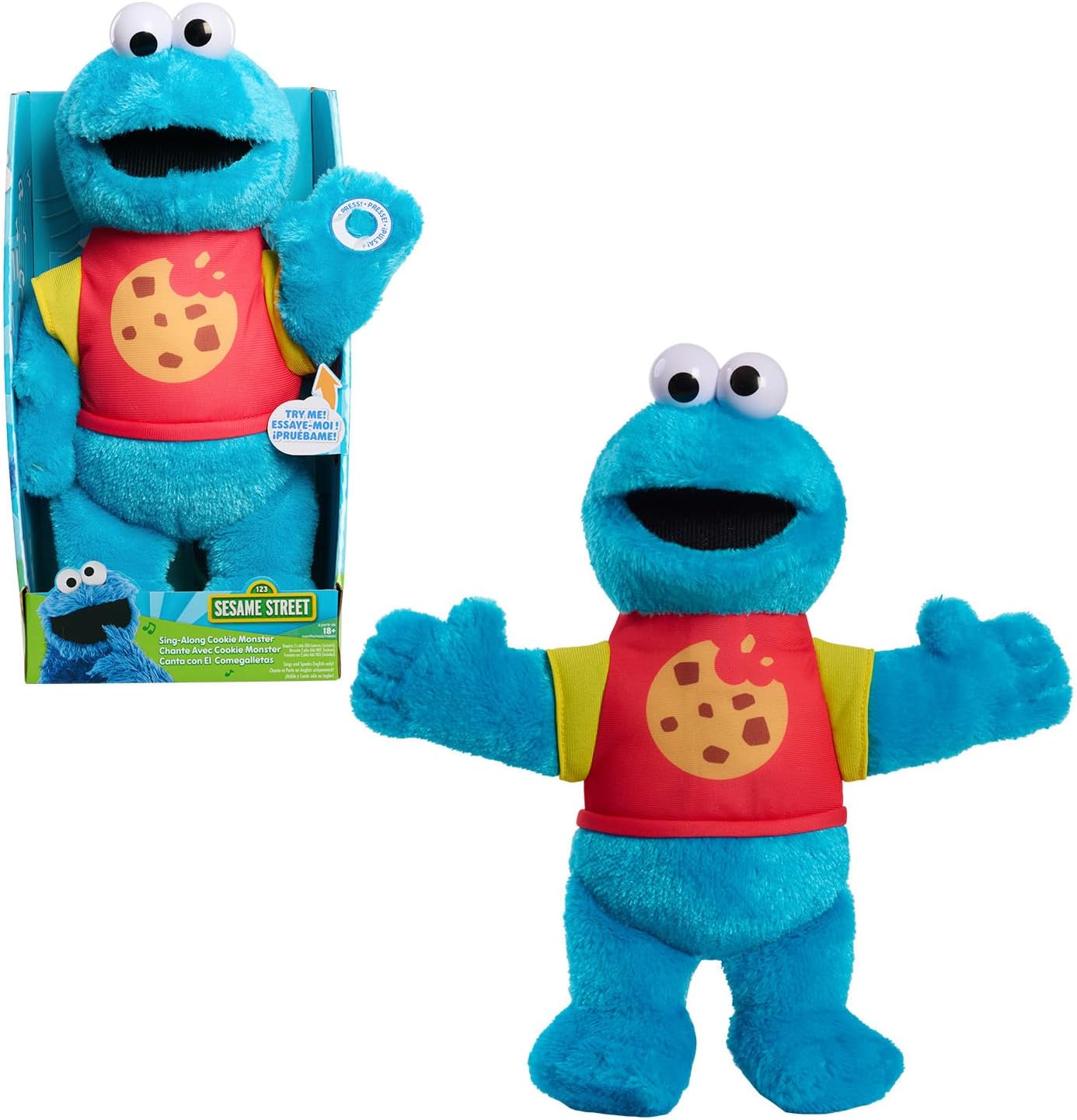Just Play SESAME STREET Sing-Along Cookie Monster 13-inch Plushie Stuffed Animal, Recycled Filling, Blue, Kids Toys for Ages 18 Month