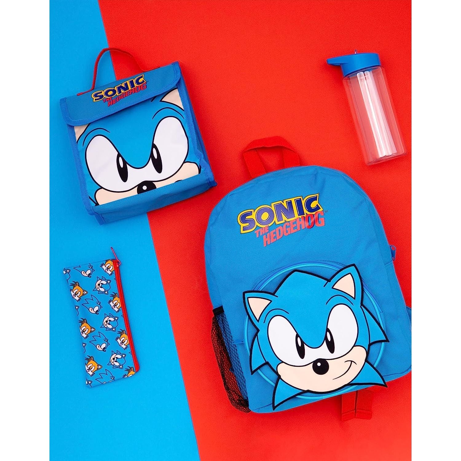 Sonic The Hedgehog Backpack Set Kids 4 Piece | Blue Tails Animated Character School Bag Lunch Box Pencil Case Water Bottle