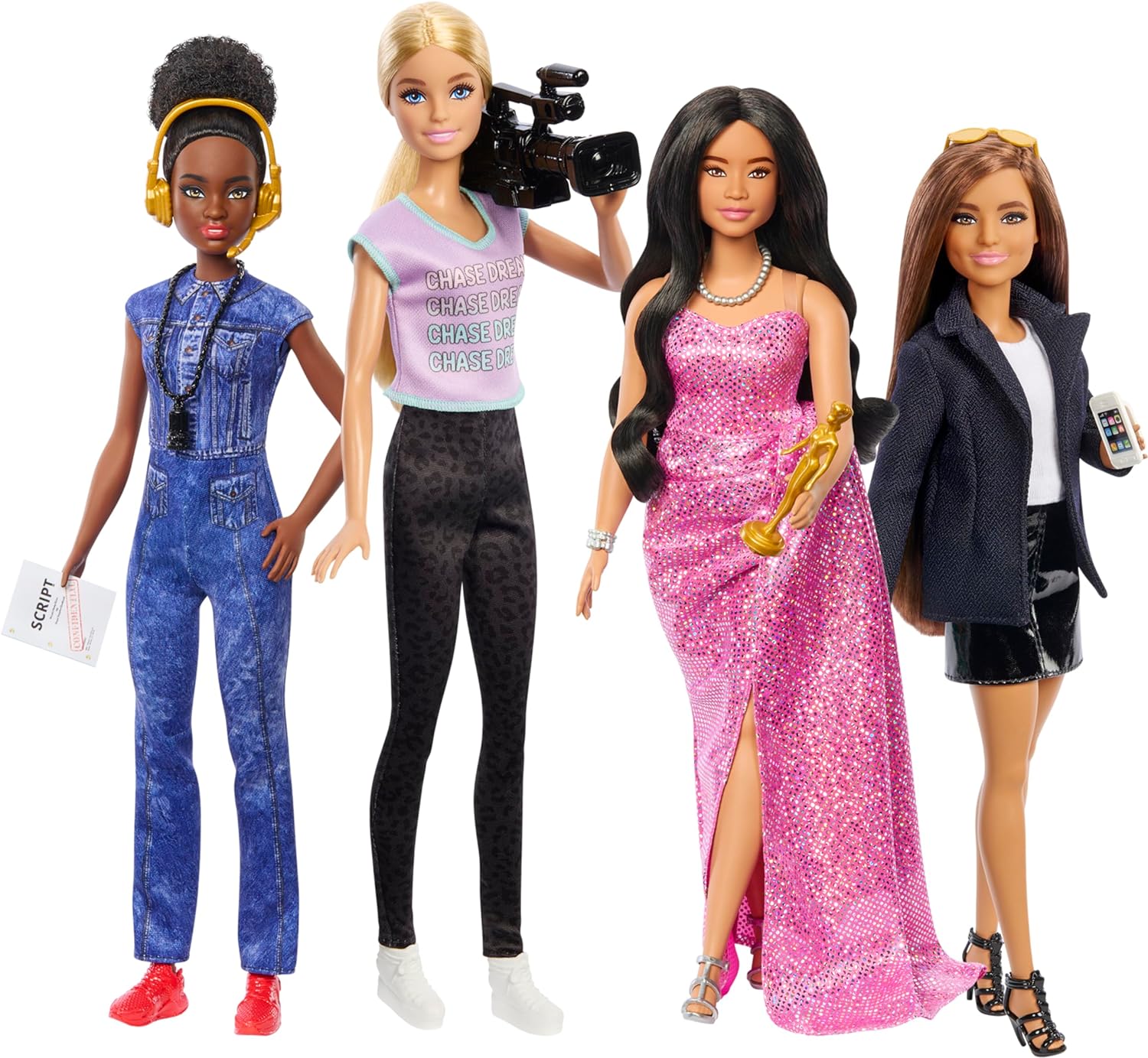 Barbie Careers Set of 4 Dolls & Accessories, Women in Film with Studio Executive, Director, Cinematographer & Movie Star in Removable Looks