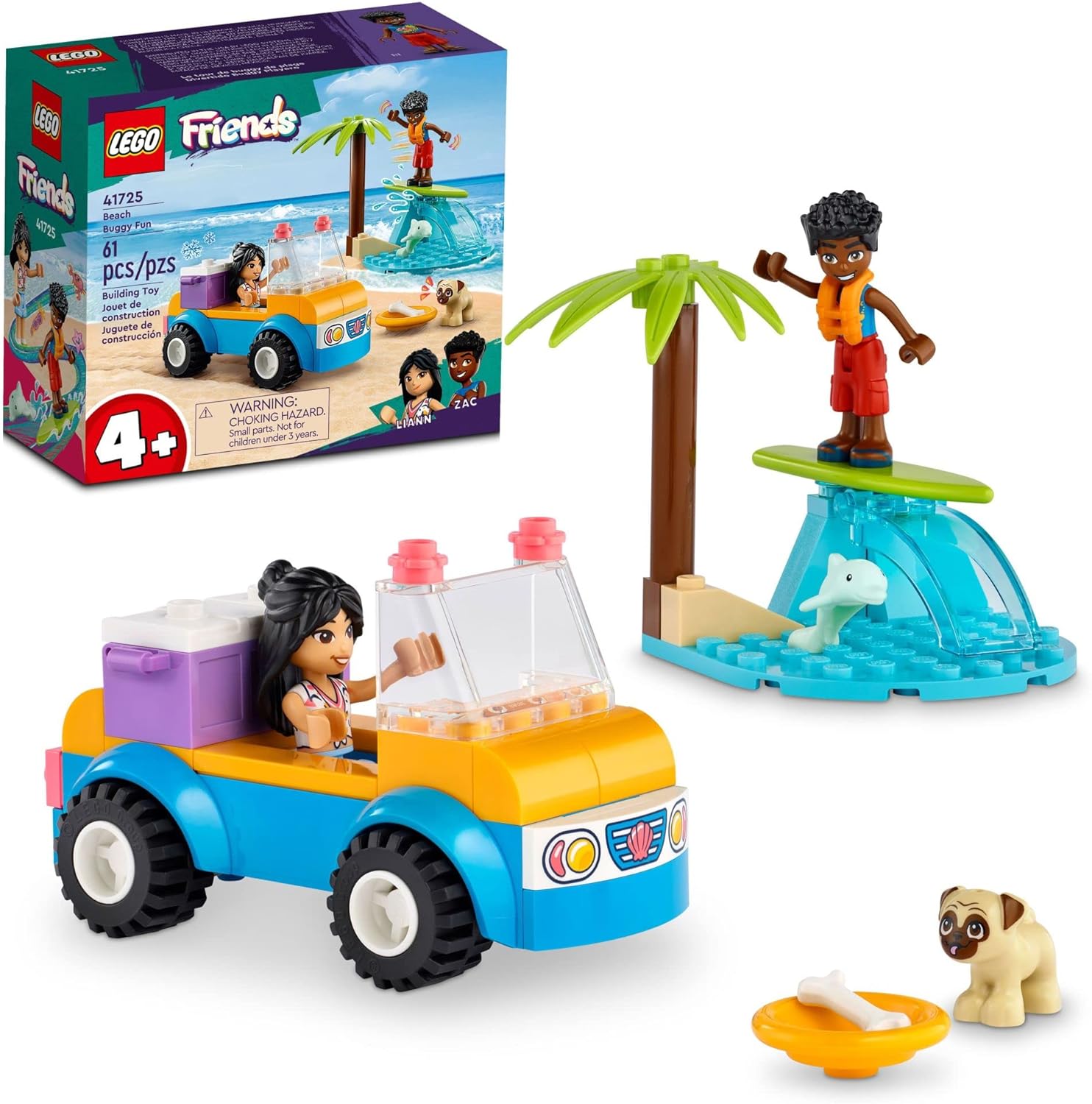 LEGO 41725  Friends Beach Buggy Fun Building Toy Set, Creative Fun for Toddlers Ages 4+, with 2 Mini-Dolls, Pet Dog and Dolphin Figures, a Beach Buggy Toy Car and Accessories