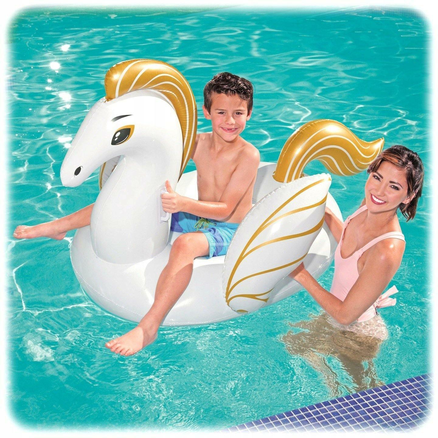 Bestway 41121 Pegasus Inflatable Ride-On Float - White & Gold 159 x 109 cm - BumbleToys - 8-13 Years, Boys, Eagle Plus, Floaters, Girls, Inflatables, Sand Toys Pools & Inflatables