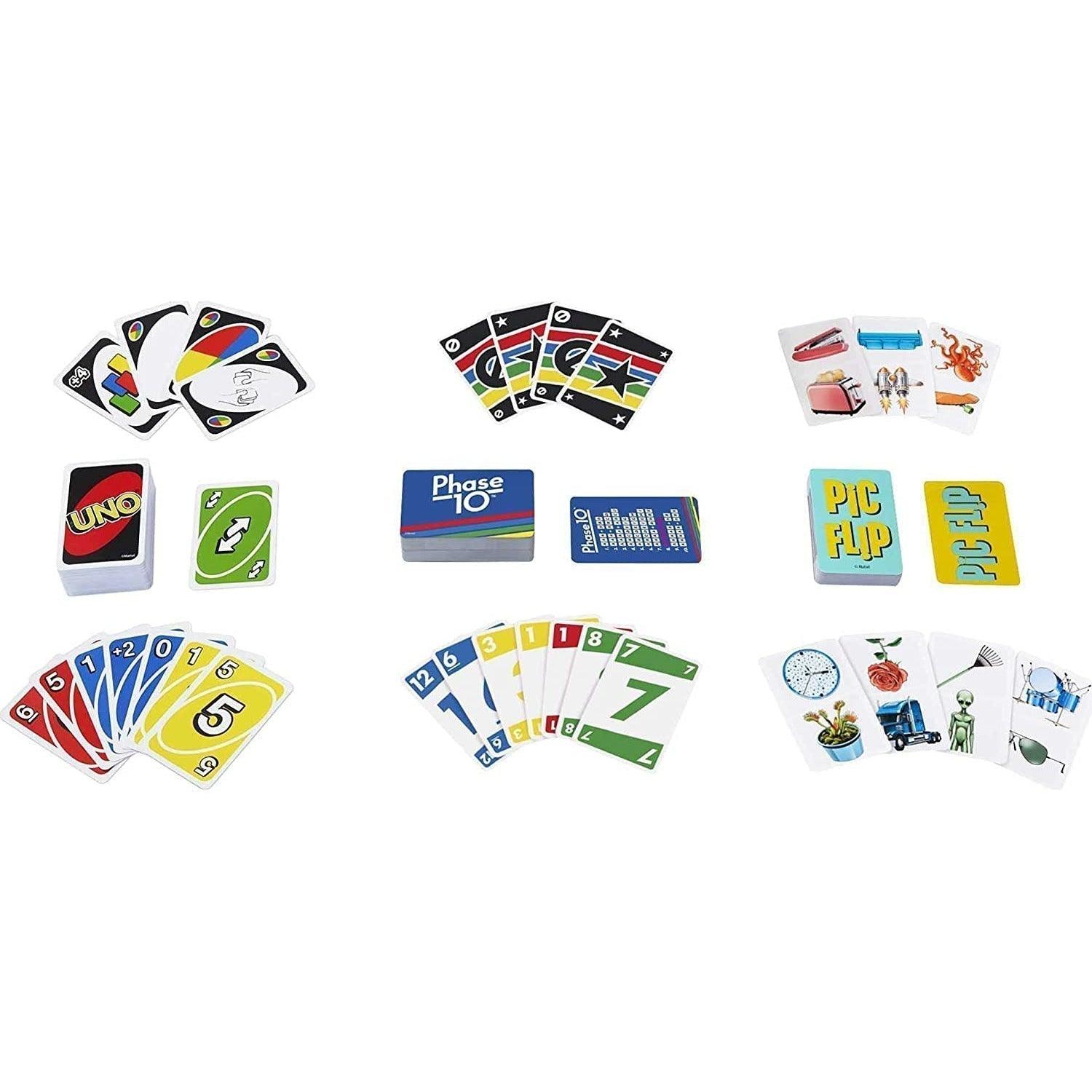 Mattel UNO, Phase 10 & Pic Flip Bundle Tin, 3 Card Games Decorative Storage Tin For Kid & Adult Game - BumbleToys - 8+ Years, Boys, Card & Board Games, Girls, Puzzle & Board & Card Games