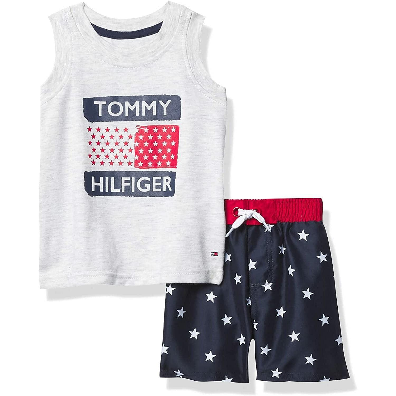 Tommy Hilfiger boys 2 Pieces Tank Top Shorts Set - White Heather/Navy Blazer 3 to 6 Months - BumbleToys - Boys, Kids Fashion, Tommy Hilfiger