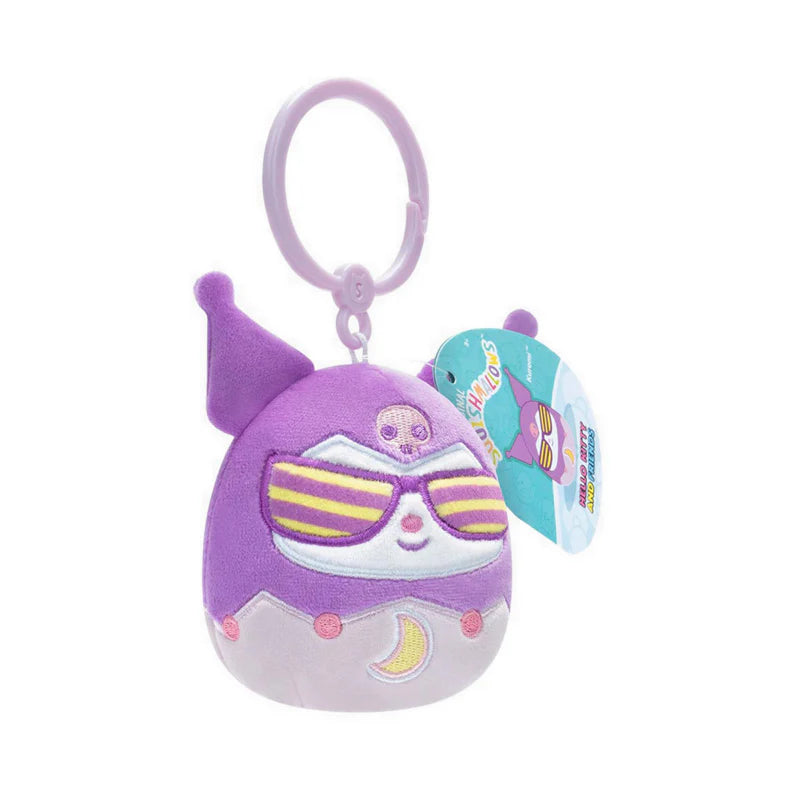 Purple plush keychain with sunglasses and a tag on a white background