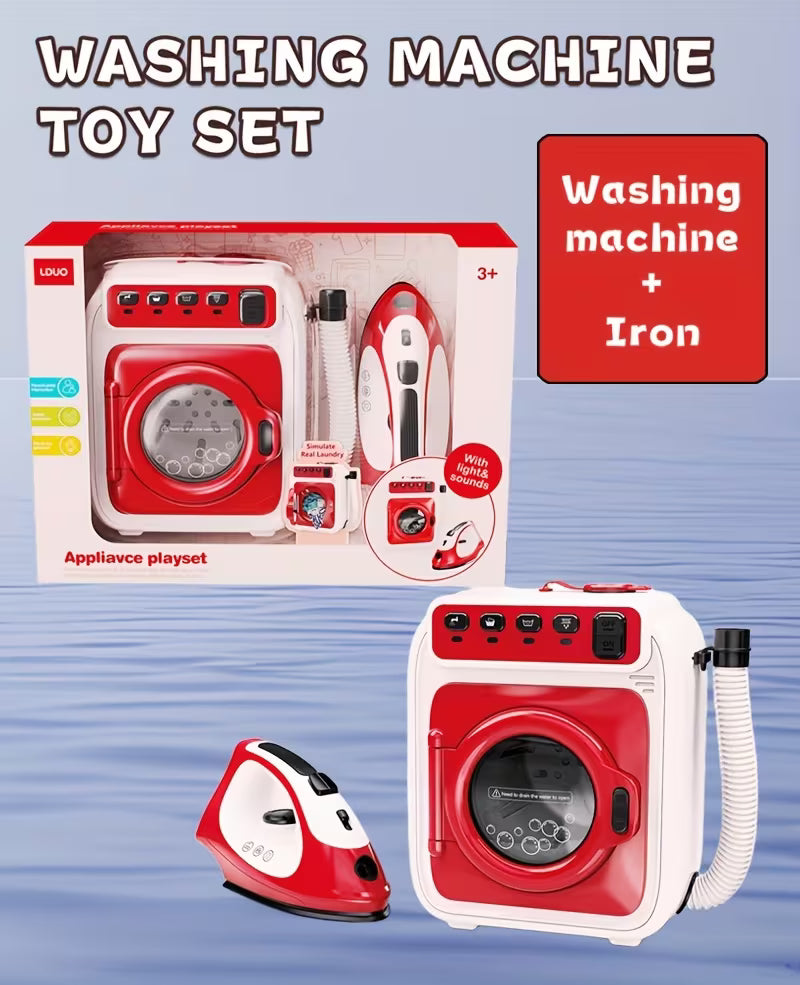 مجموعة لعب الأدوار للغسيل: غسالة ألعاب مع حركة دوران ومحاكاة مكواة بخارية 3+