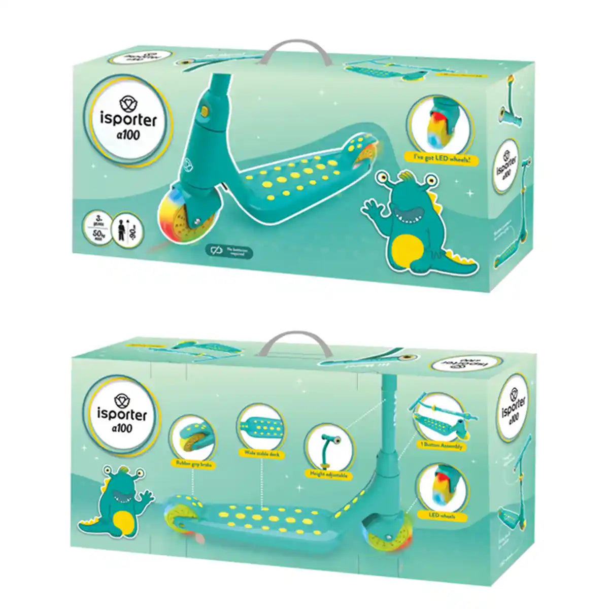 Two views of a toy packaging box with a dinosaur design 