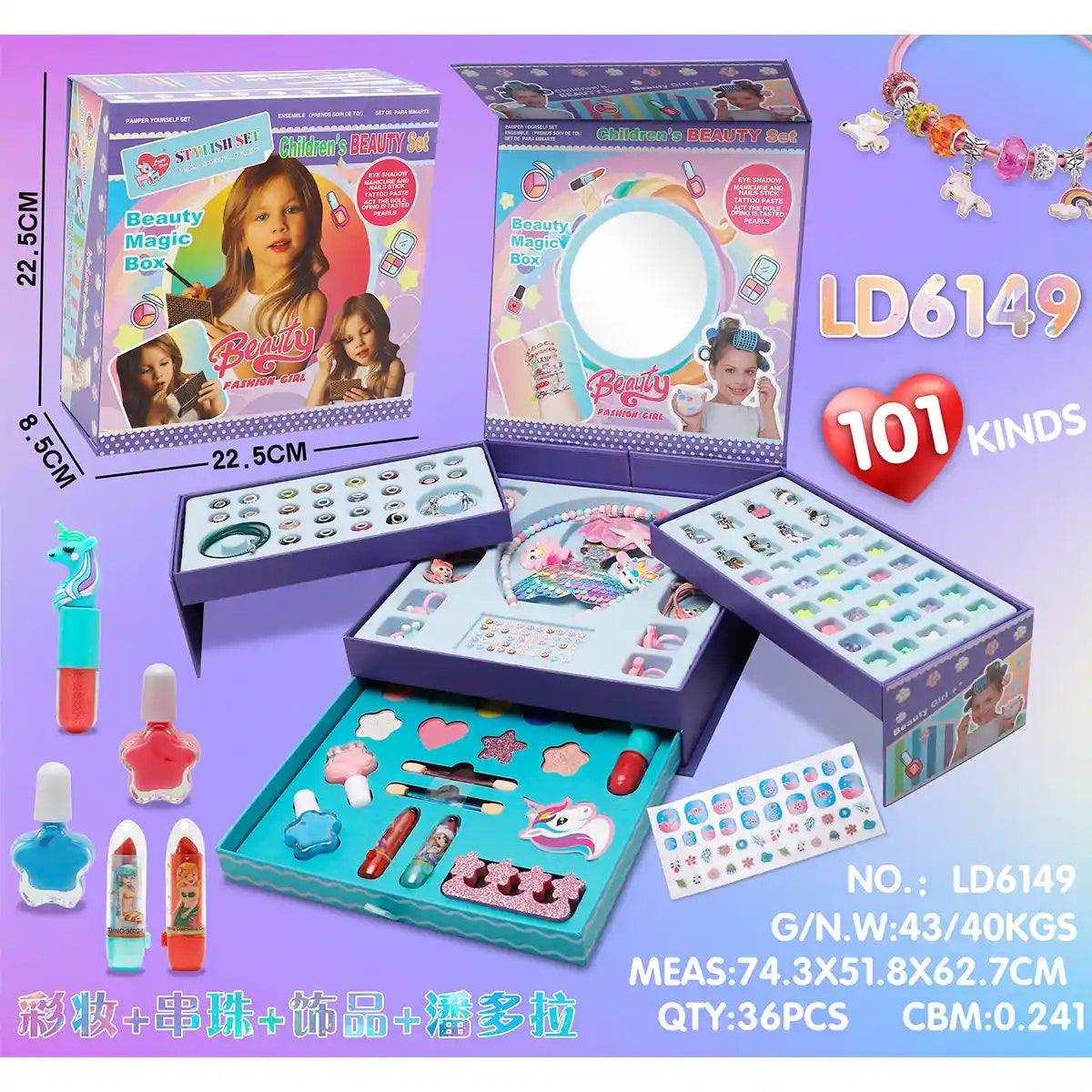 مجموعة أدوات المكياج المصنوعة يدويًا من الخرز – صندوق هدايا خشبي للأطفال من سن 3 سنوات فما فوق