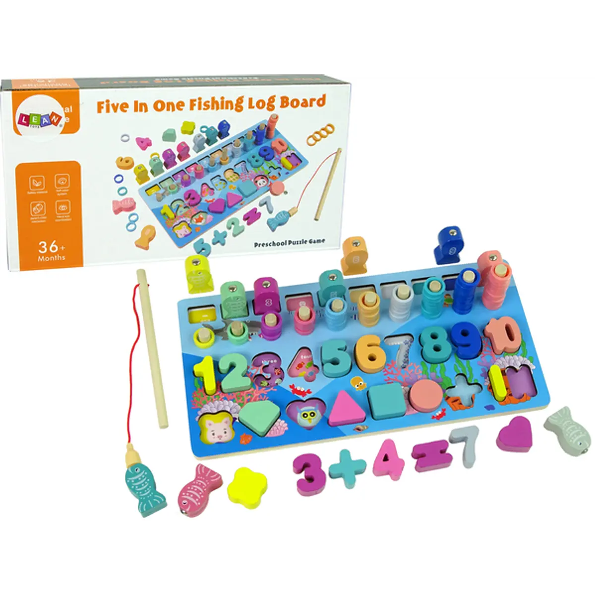 Educational Wooden Board 5 in 1 Numbers Action Maths Counting Fish Catching