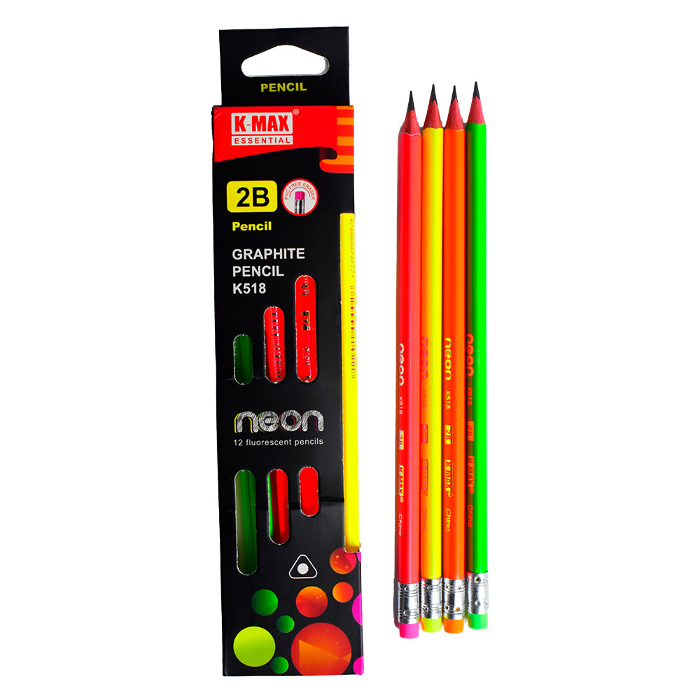 مجموعة أقلام جرافيت K-MAX K518 نيون فلورسنت 2B مكونة من 12 قلم رصاص