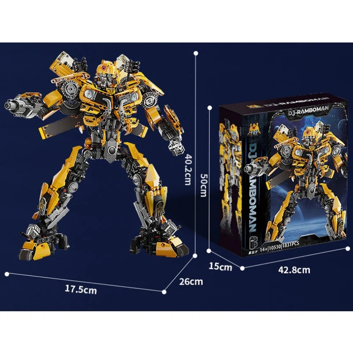 Toy robot figure with packaging and measurements on a dark blue background