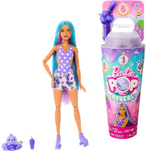 Mattel Barbie Pop Reveal Fruit Series Grape Fizz Doll, 8 Surprises Include Pet, Slime, Scent & Color Change