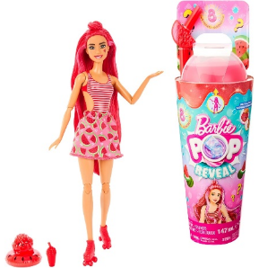 Mattel Barbie Pop Reveal Fruit Series Watermelon Crush Doll, 8 Surprises Include Pet, Slime, Scent & Color Change