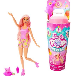 Mattel Barbie Pop Reveal Fruit Series Strawberry Lemonade Doll, 8 Surprises Include Pet, Slime, Scent & Color Change