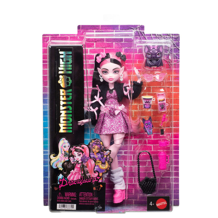 Mattel Monster High Draculaura Fashion Doll in Bow Dress With Pet Bat Count Fabulous And 7 Accessories