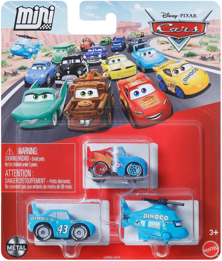 Mattel Disney and Pixar Cars Mini Racers 3-Pack -Transforming Lighting McQueen, Rotor Turbosky & Strip Weathers AKA "The King"