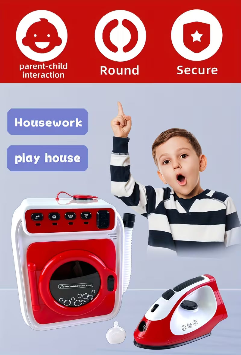 مجموعة لعب الأدوار للغسيل: غسالة ألعاب مع حركة دوران ومحاكاة مكواة بخارية 3+