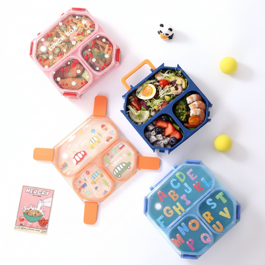 Handheld 3-Compartment Sealed Lunch Box with Folding Fork Spoon - 980ml