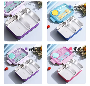 750ML 2-COMPARTMENT STAINESS STEEL LUNCH BOX+80ML SAUCE CUP+PP FORK SPOON