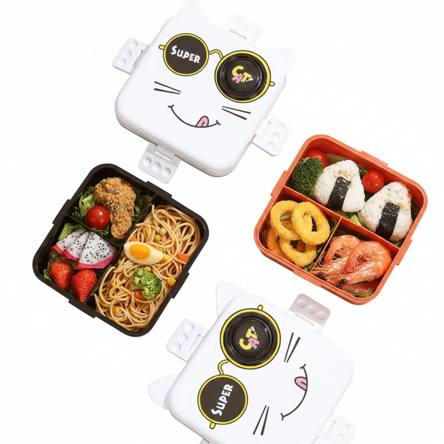 Cute Cat Square Bento Lunch Box with Sauce Cup & Cutlery - 1590ml