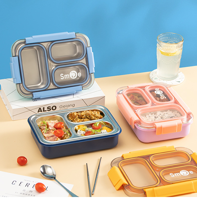 750ML STAINESS STEEL 3-COMPARTMENT LUNCH BOX+SPOON CHOPTICKS