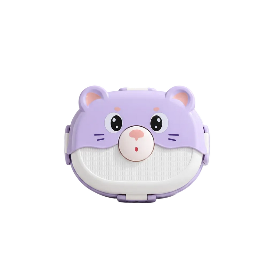 Cute Animal Face Compartment Lunch Box with Cutlery 1350ml - Purple