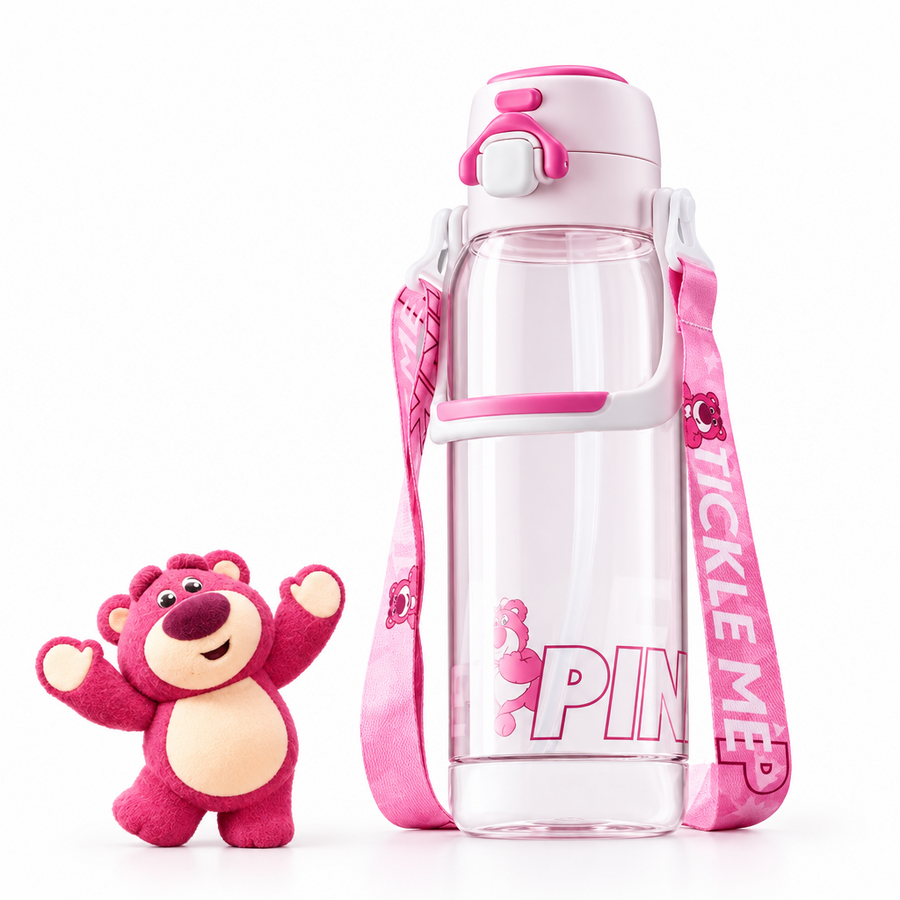 Disney Lotso 1000ml Large Sports Water Bottle with Straw, Handle & Strap