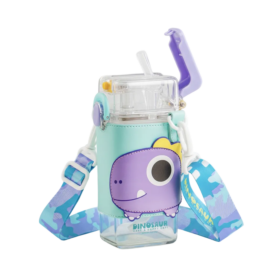 Dino 520ml Flat Water Bottle with 3D Dinosaur Topper & Shoulder Strap