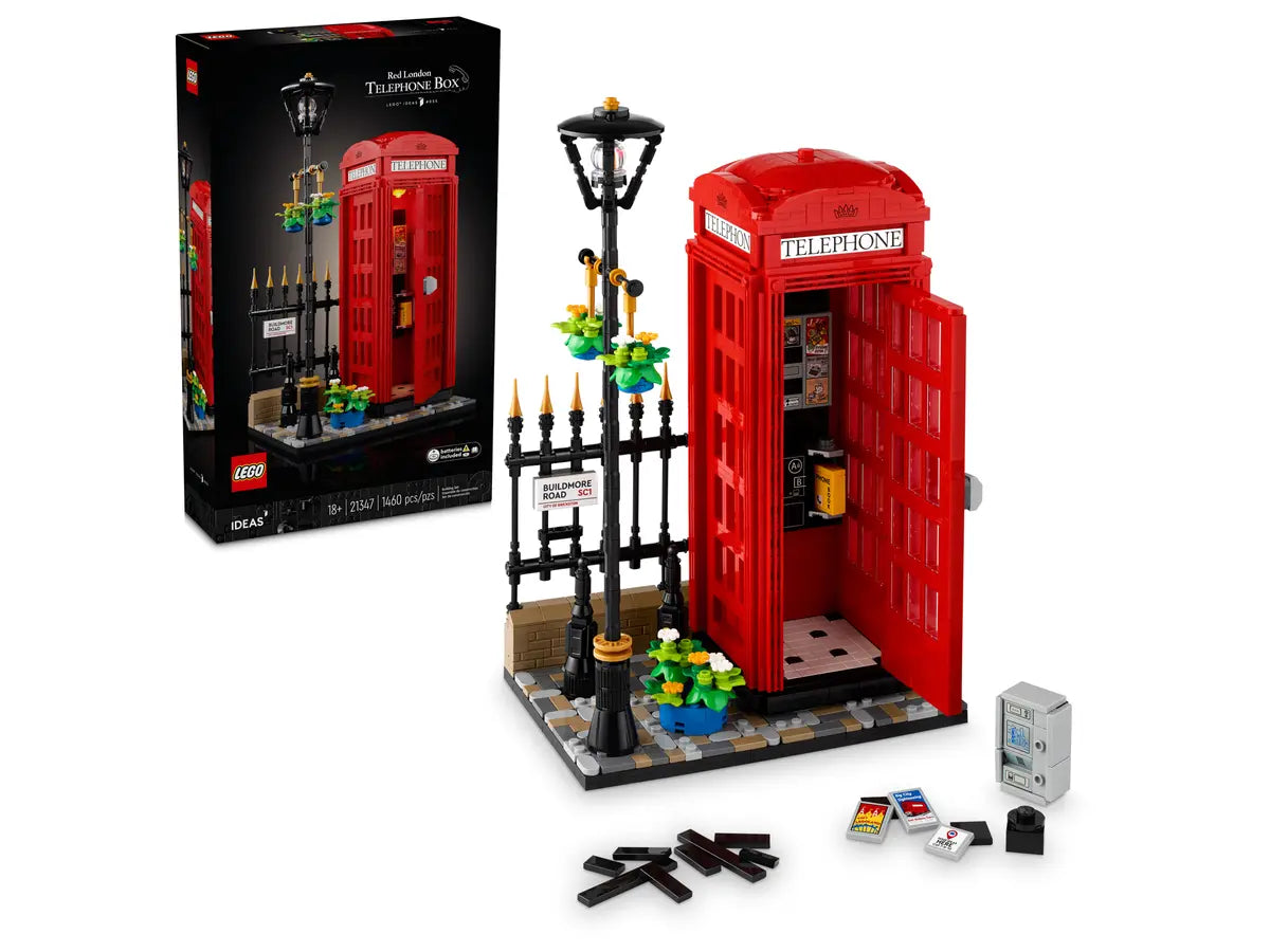 نموذج صندوق هاتف لندن الأحمر من LEGO 21347 Ideas، وكشك هاتف لندن وحامل الهاتف الخليوي للبناء