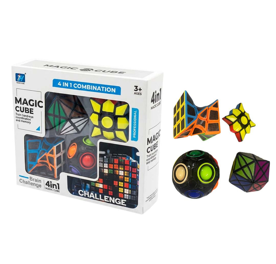 4-in-1 Magic Cube Puzzle Set - Geometric Brain Teasers & Fidget Ball for Kids & Adults