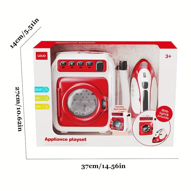 مجموعة لعب الأدوار للغسيل: غسالة ألعاب مع حركة دوران ومحاكاة مكواة بخارية 3+