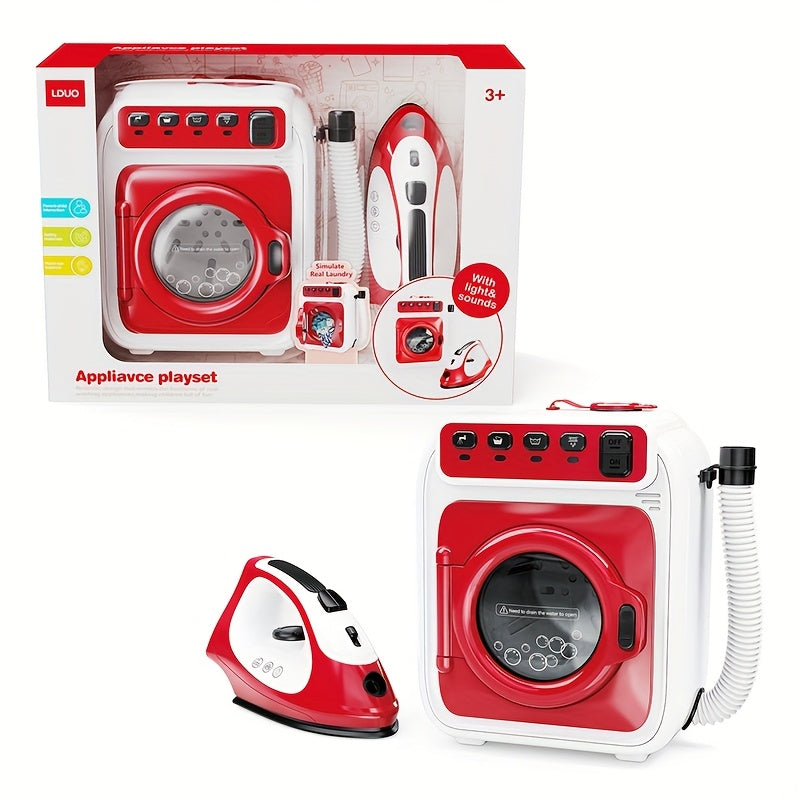 مجموعة لعب الأدوار للغسيل: غسالة ألعاب مع حركة دوران ومحاكاة مكواة بخارية 3+