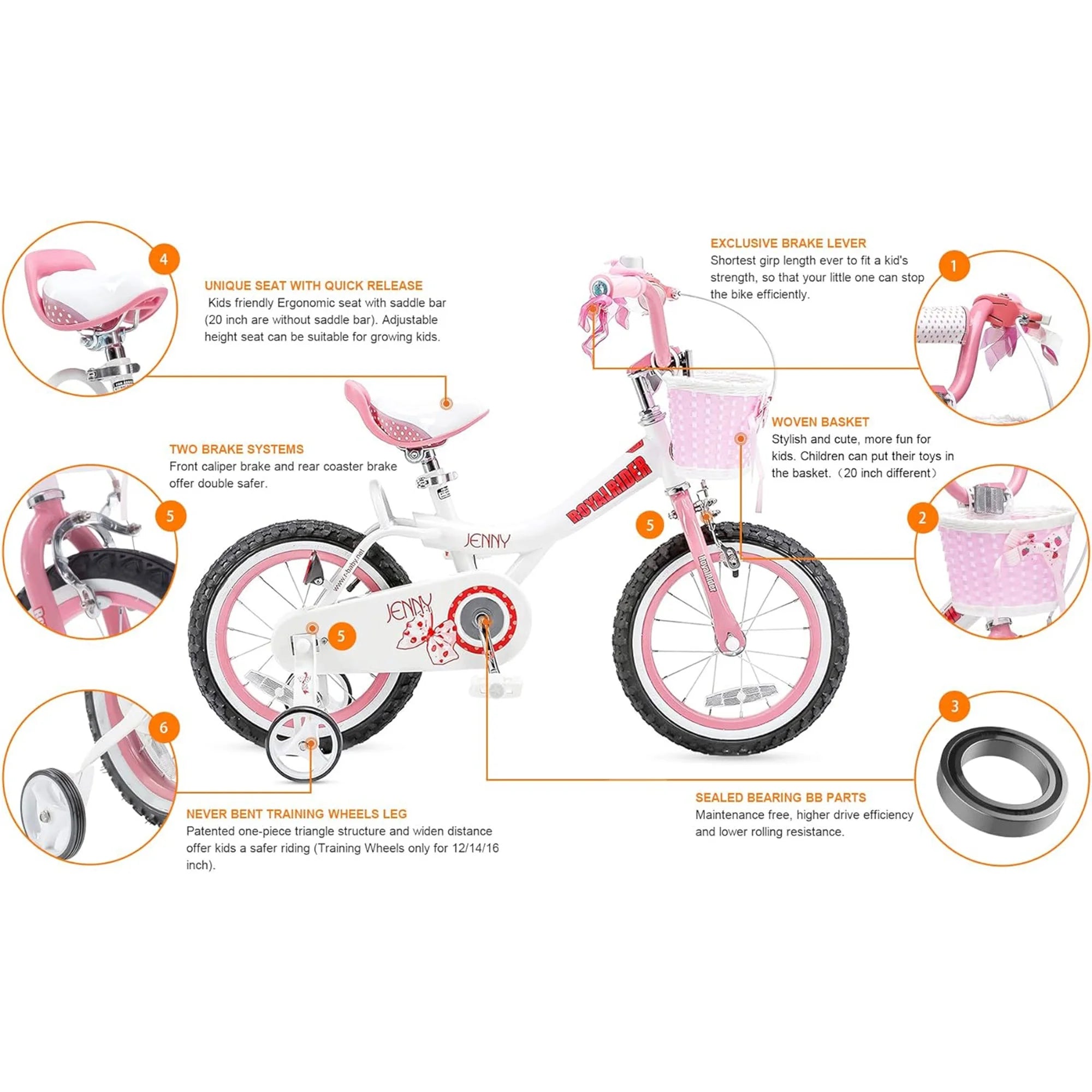 RoyalBaby Jenny 12-Inch Kids Bike for Girls – White with Pink Accents, Front Basket, and Training Wheels