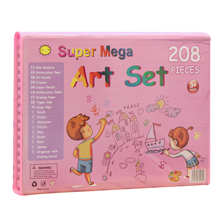 Full Drawing Kit - 208 Pieces Watercolor Wood Flosmaster Crayon Bag with Ast & Painting (Pink)