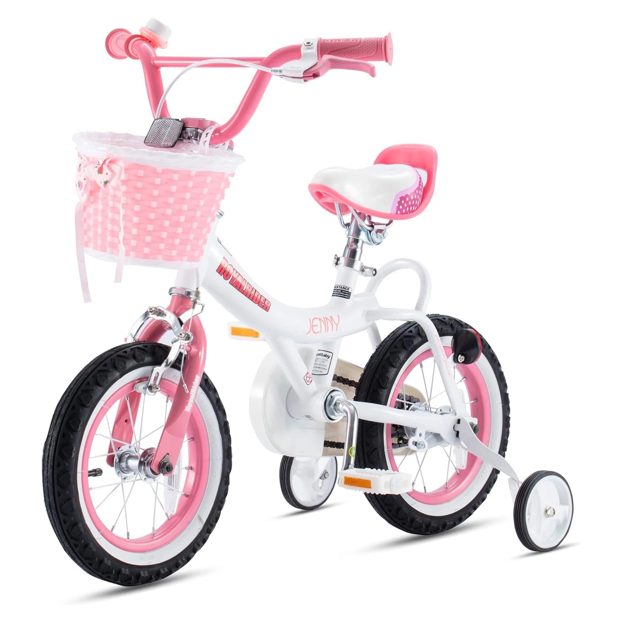 RoyalBaby Jenny 12-Inch Kids Bike for Girls – White with Pink Accents, Front Basket, and Training Wheels