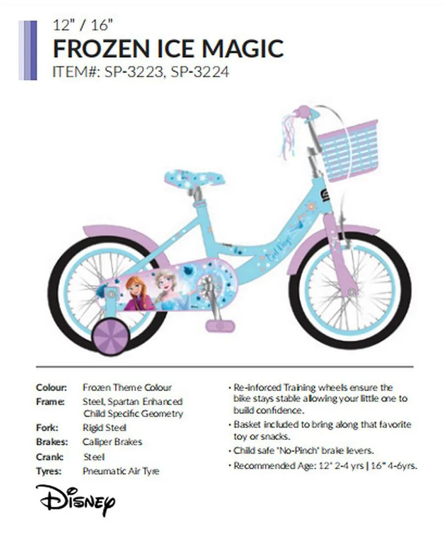 Spartan Disney Frozen Bicycle, Rear Caliper Brakes, Easy Saddle Height Adjustment, Colorful, 3 Years+, Light Blue - 12 Inches