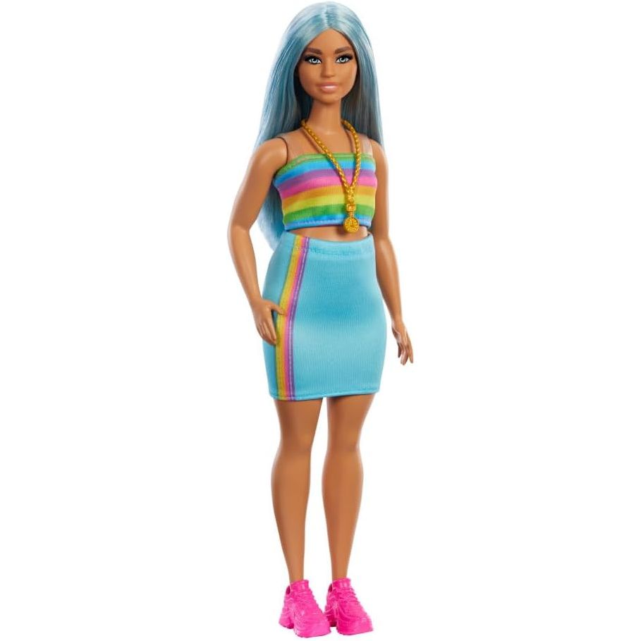 Barbie Fashionistas Doll #218 with Long Blue Hair, Rainbow Top & Teal Skirt, 65th Anniversary Collectible Fashion Doll