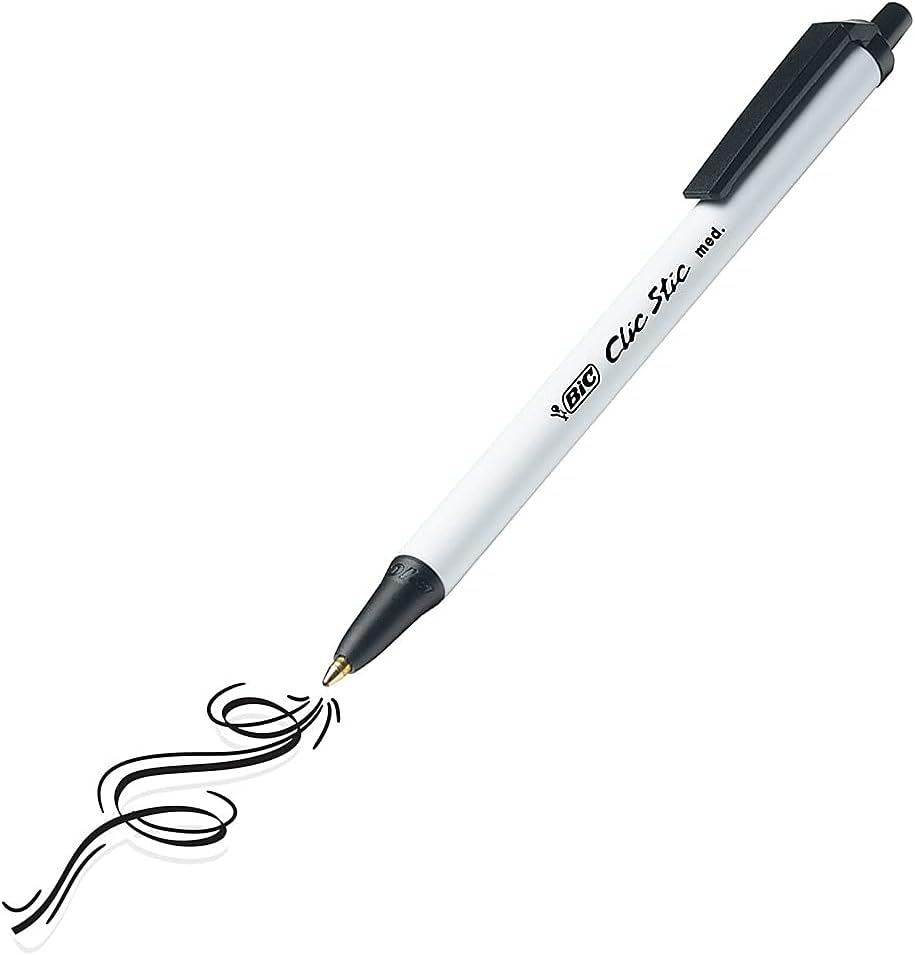 أقلام حبر جاف قابلة للسحب من BIC Clic Stic باللون الأسود، متوسطة الرأس (1.0 مم)، عبوة من 24 قلمًا، بتصميم أسطواني مستدير للكتابة المريحة 