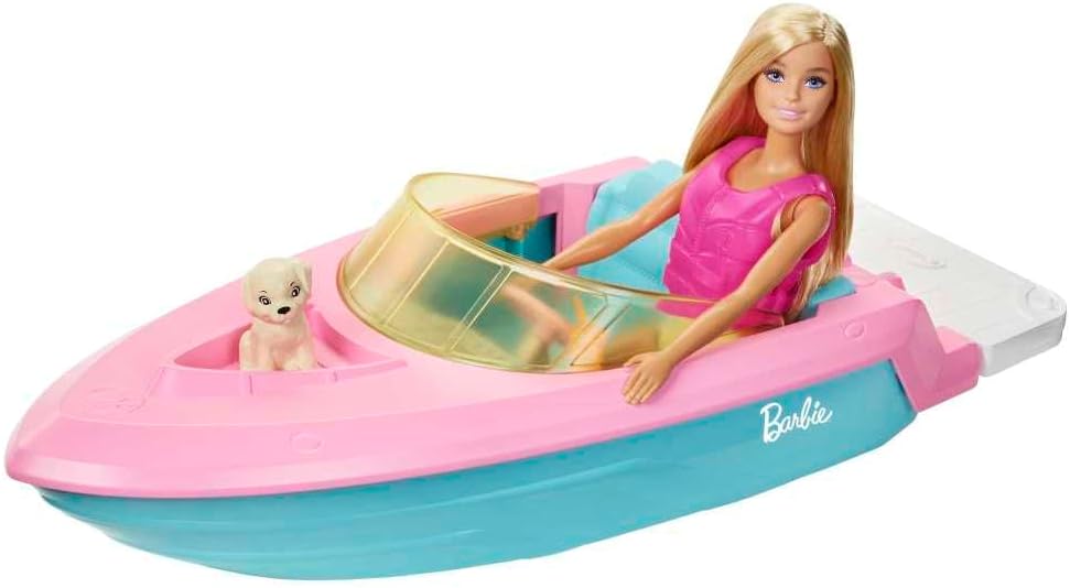 Mattel Barbie Doll And Boat With Puppy And Accessories, Floats in Water