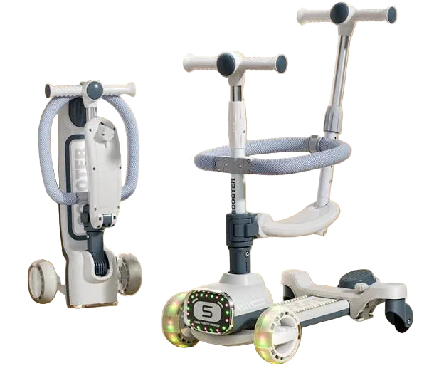 3-in-1 Kids Scooter with Seat & Safety Guard – Foldable, Light-Up Wheels, Adjustable Height