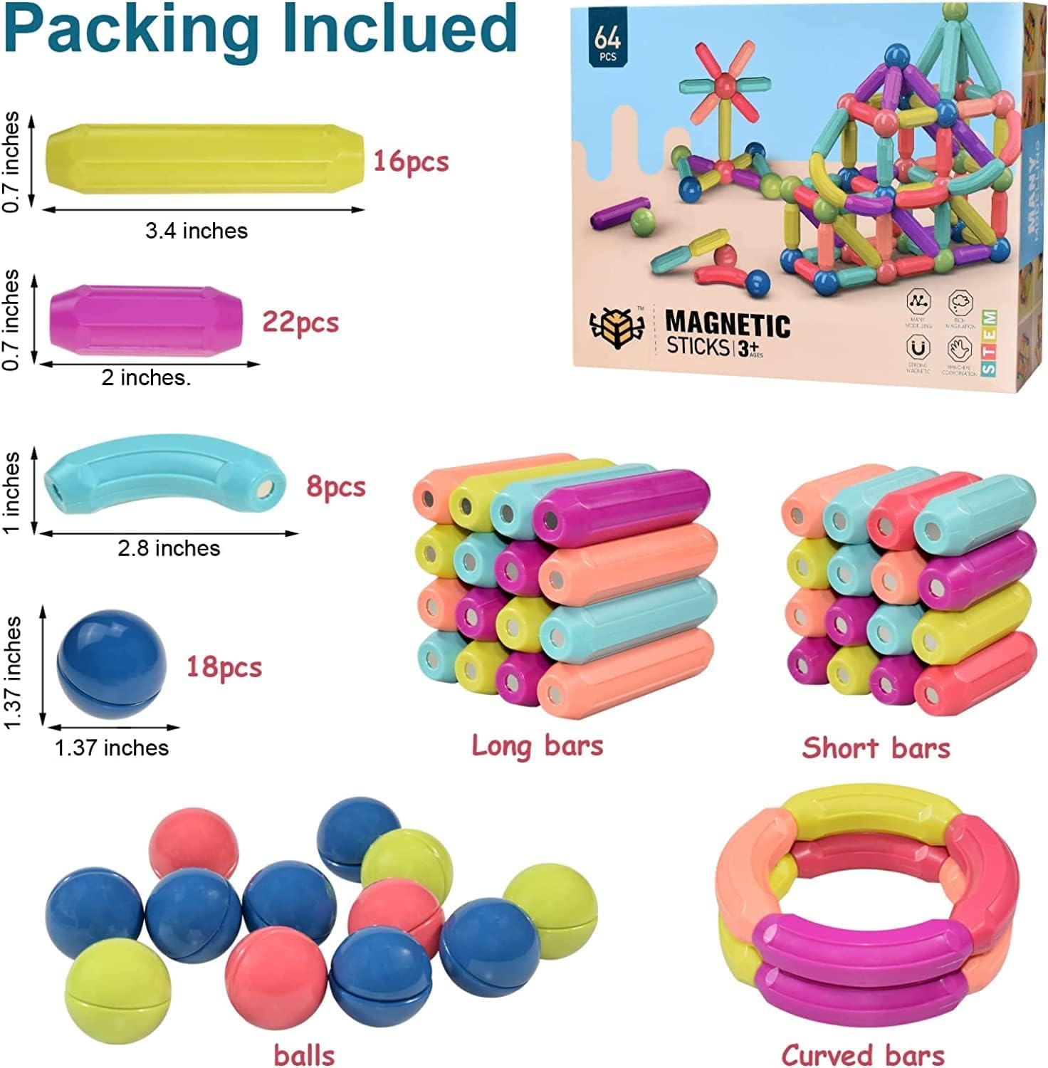 64-Piece Magnetic Building Sticks & Balls STEM Toy Set