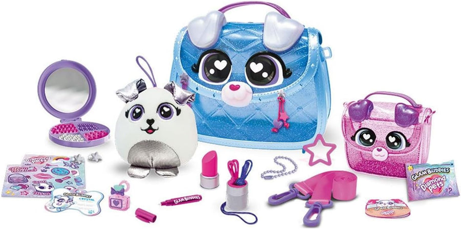 مجموعة حقيبة يد Glam Buddies Diamond Pets الأنيقة - حقيبة يد عصرية قابلة للتخصيص مع دمية قطيفة وأكثر من 50 مفاجأة