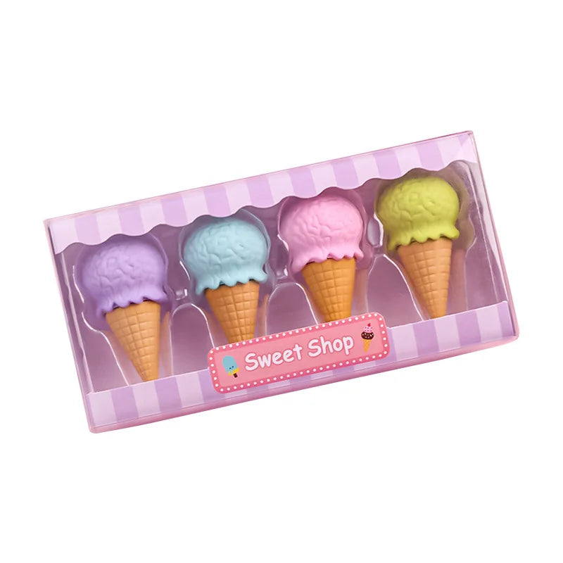 4pcs Yummy Icecream Erasers Set Rubber Pencil Eraser for Kids