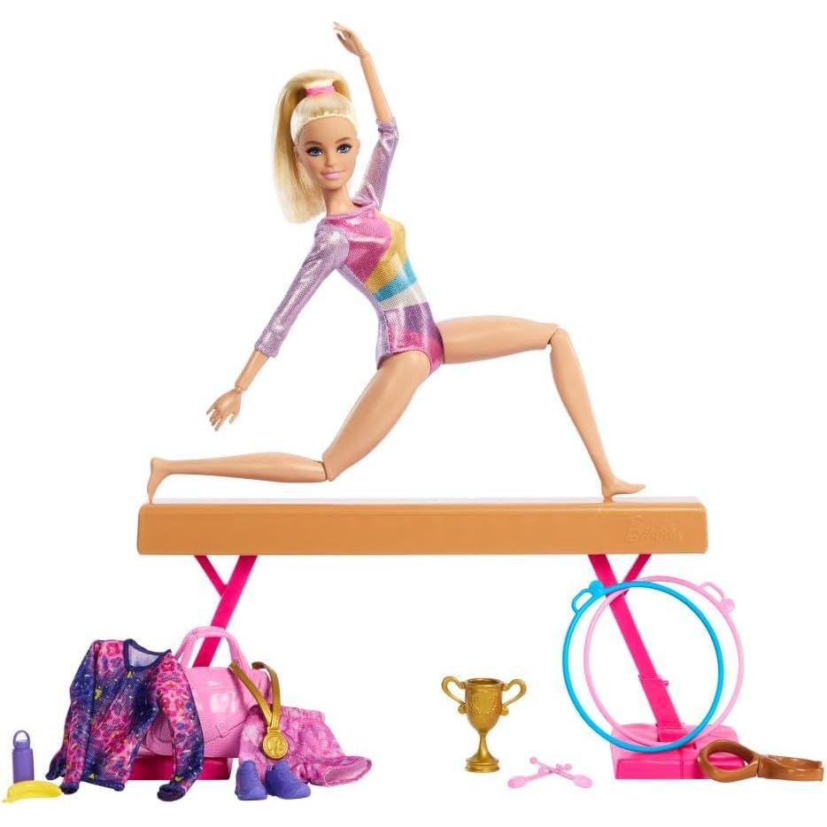 Barbie Gymnastics Doll & Accessories, Playset with Blonde Fashion Doll, C-Clip for Flipping Action, Balance Beam, Warm-Up Suit & More