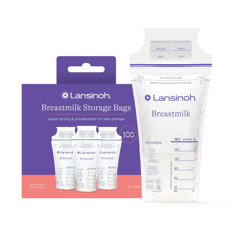Lansinoh Breastmilk Storage Bags, 100 Count, Easy to Use Breast Milk Storage Bags for Feeding, Baby Essentials, Presterilized, Hygienically Doubled-Sealed for Freezing & Refrigeration