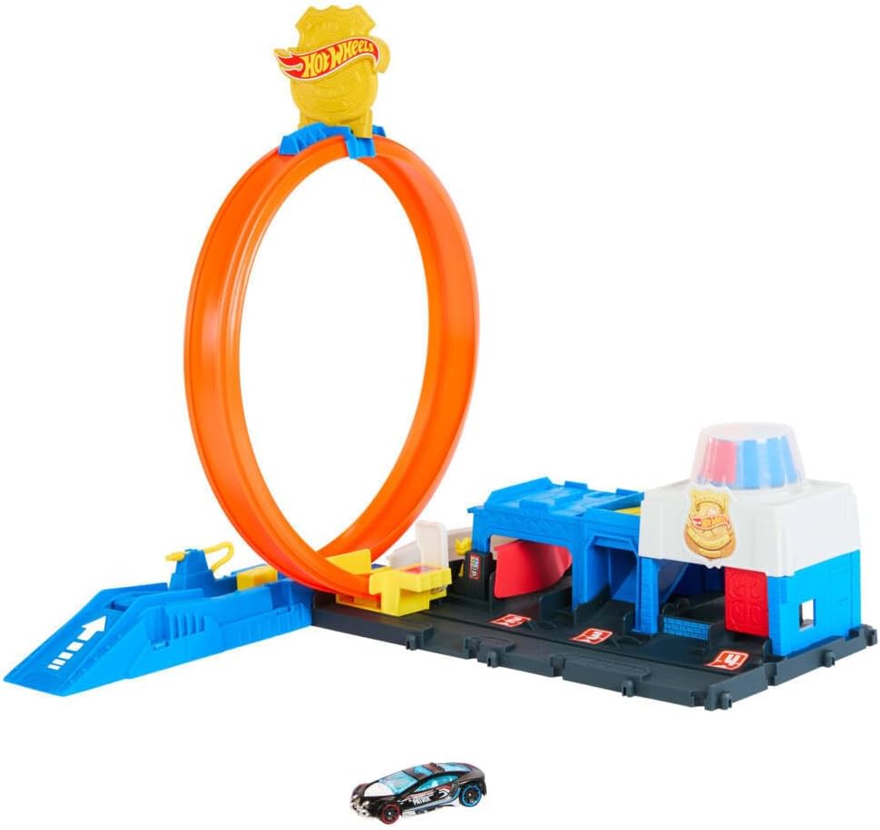 مجموعة مسار سيارة لعبة هوت ويلز، مجموعة لعب مركز شرطة سوبر مع مركبة مصبوبة بمقياس 1:64، حلقة قابلة للتعديل لطرق متعددة للسباق والألعاب البهلوانية 